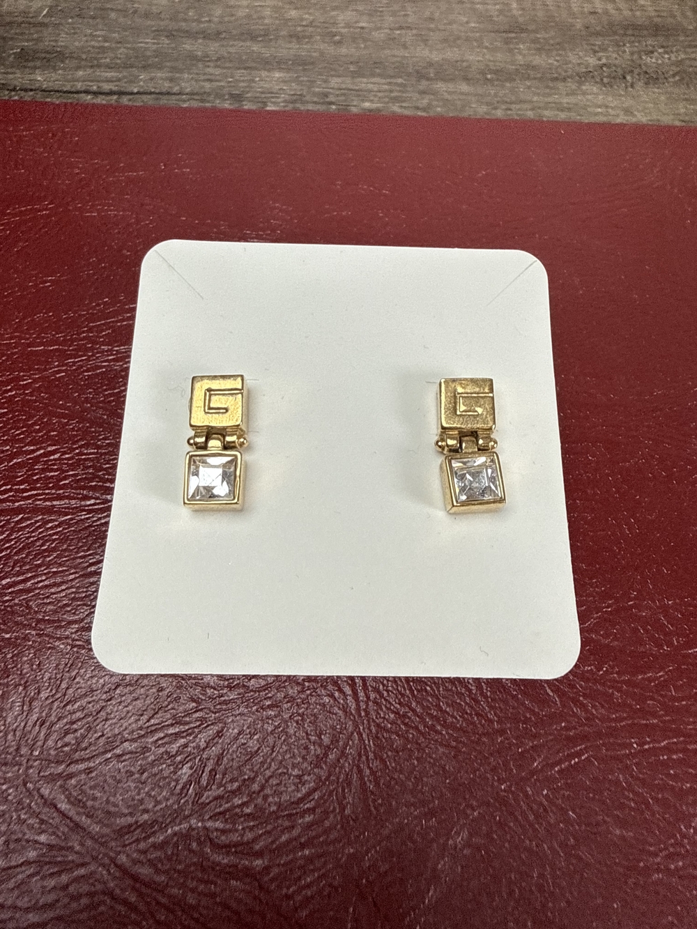 Vintage Givenchy Gold Tone Geometric G Logo Square Crystal Drop Pierced Earrings
